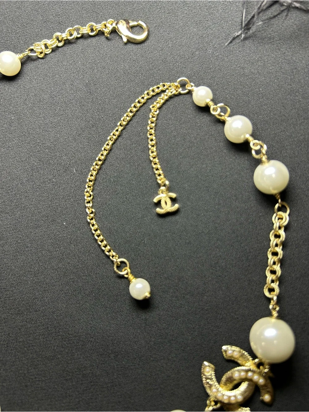 CHANEL Gold-Tone Pearl Necklace with Crystal CC Emblem